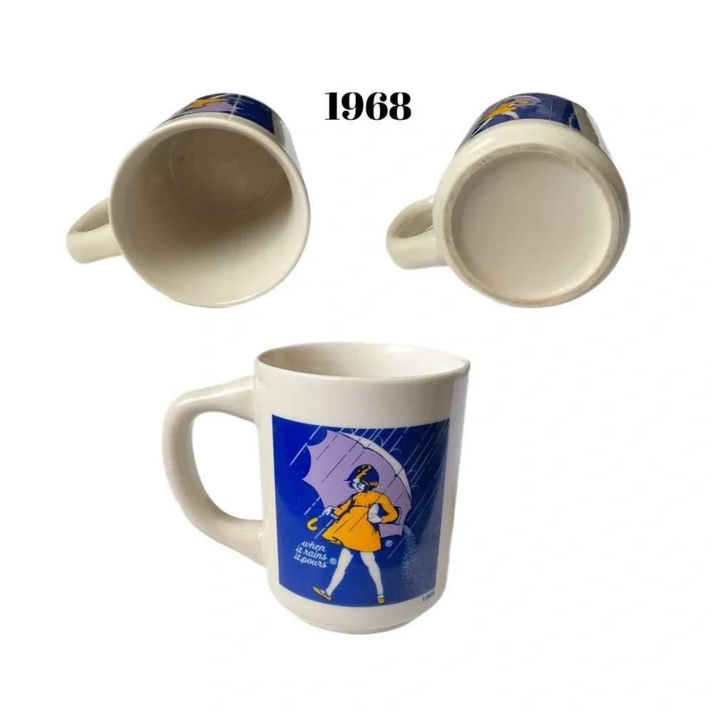 “When It Rains It Pours” White Blue Yellow Coffee Mug Set 1914 1921 1968